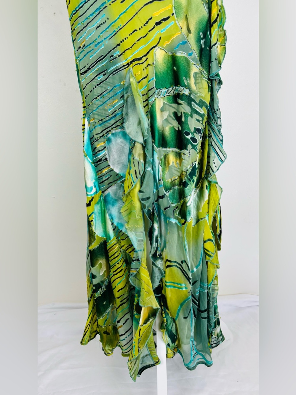 Vintage Artwear Silk Blend Burnout Velvet Beaded Halter Maxi Gown Green Abstract - Picture 11 of 14